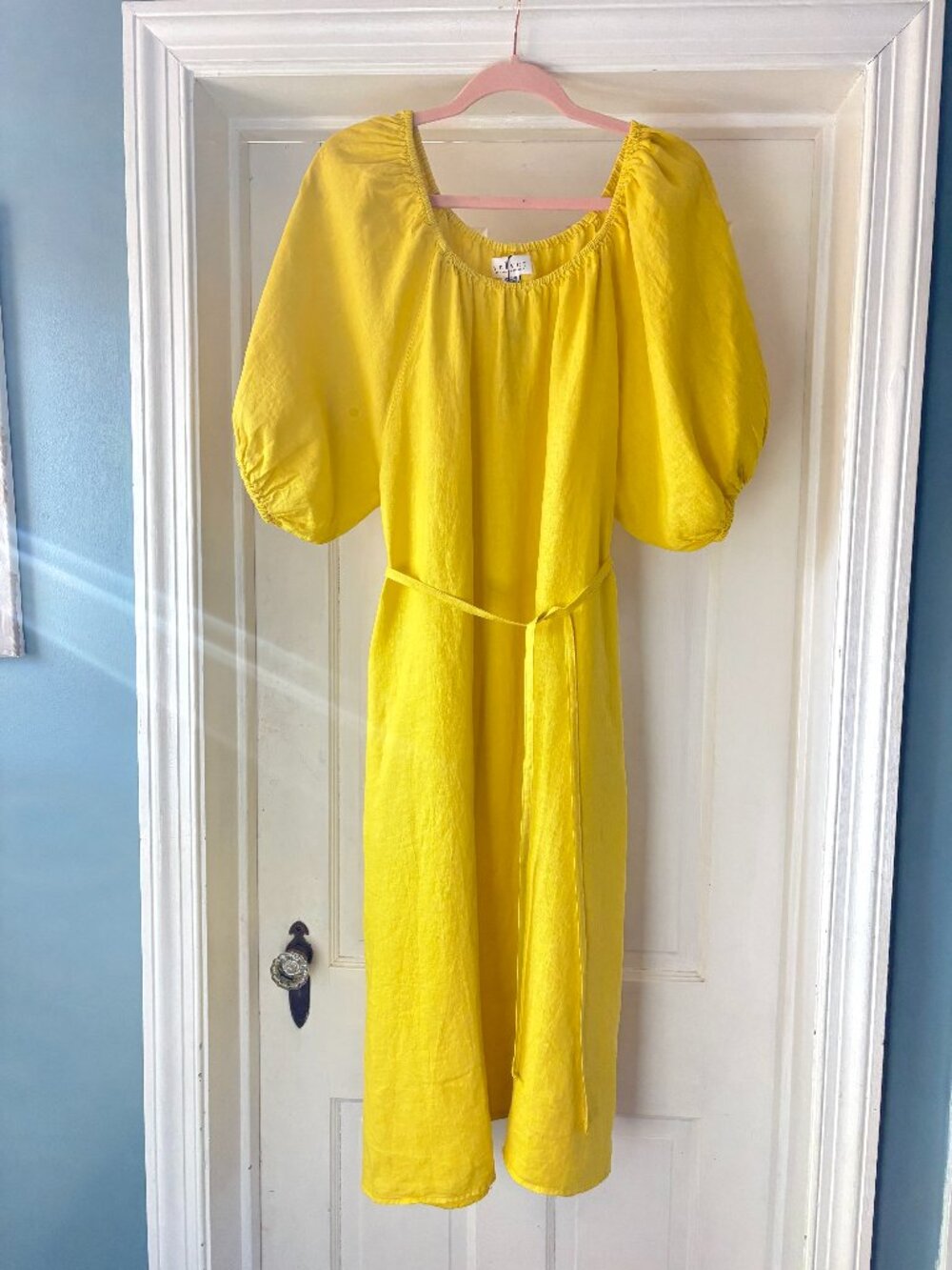 NWT Velvet by Graham & Spence Yellow Linen Midi Dress Tie Waist Size S